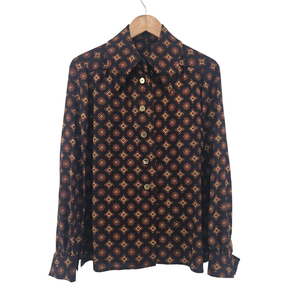 Geoffrey Beene Button Down Shirt Women 14 Black Geometric 70s Vintage ILGWU USA